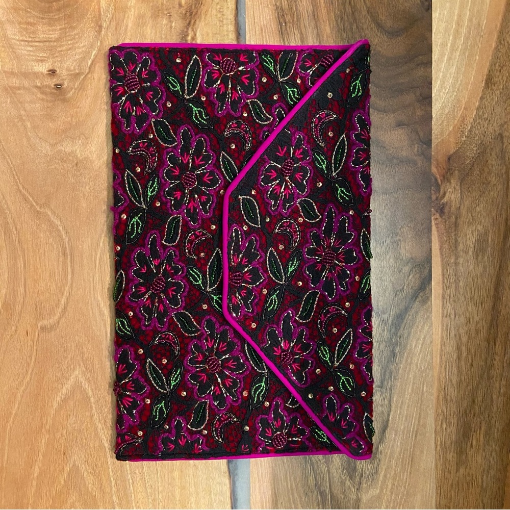 Hand-Embroidered Pink Clutch with Black Lace